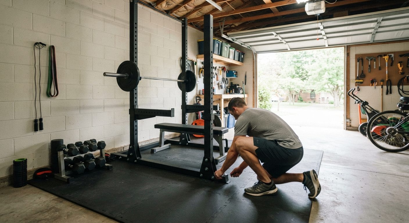 Mand bygger fitnessrum hjemme i garagen med gulvmåtter og vægte