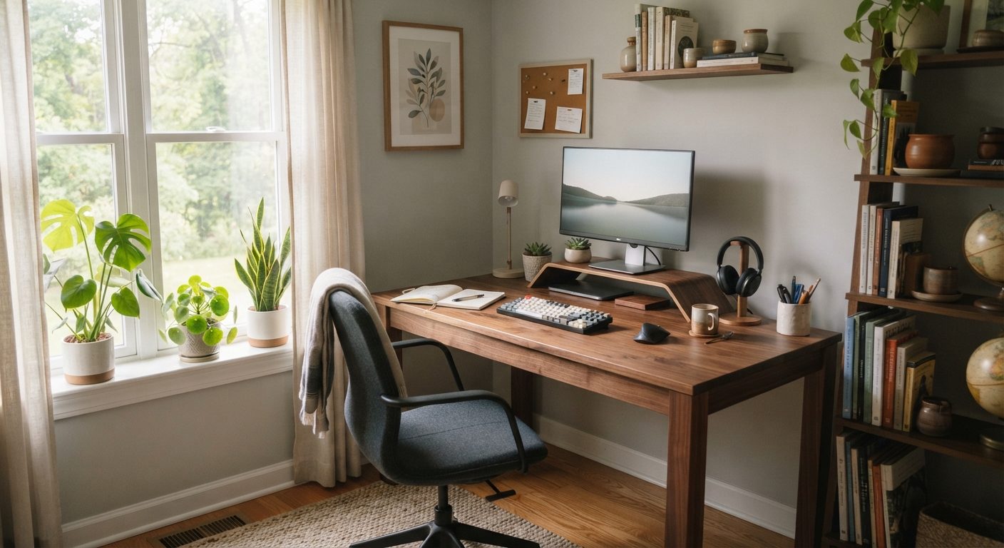 Indretning af hjemmekontor med skrivebord, planter og godt dagslys
