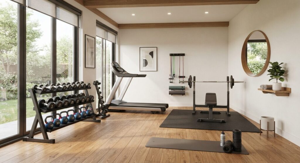 Indretning af hjemmegym med lys og ordentlig opbevaring af træningsudstyr