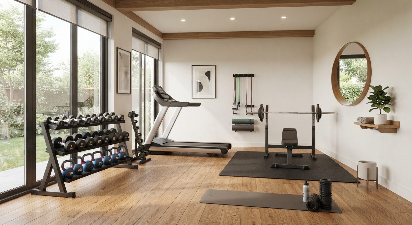 Indretning af hjemmegym med lys og ordentlig opbevaring af træningsudstyr