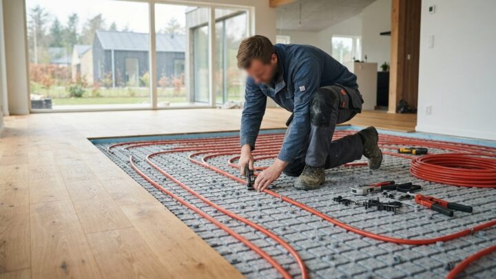 Gulvvarme under trægulv i en moderne dansk stue