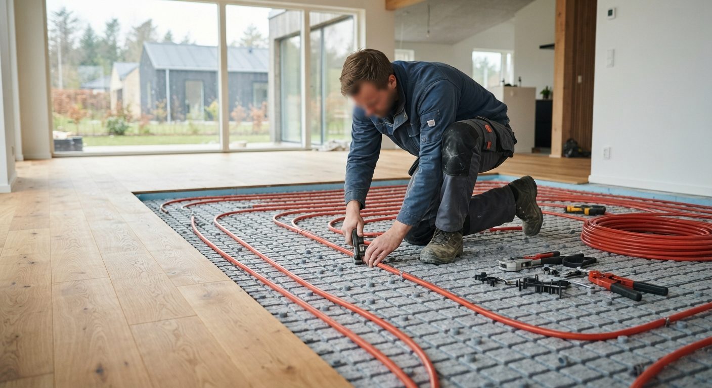 Gulvvarme under trægulv i en moderne dansk stue