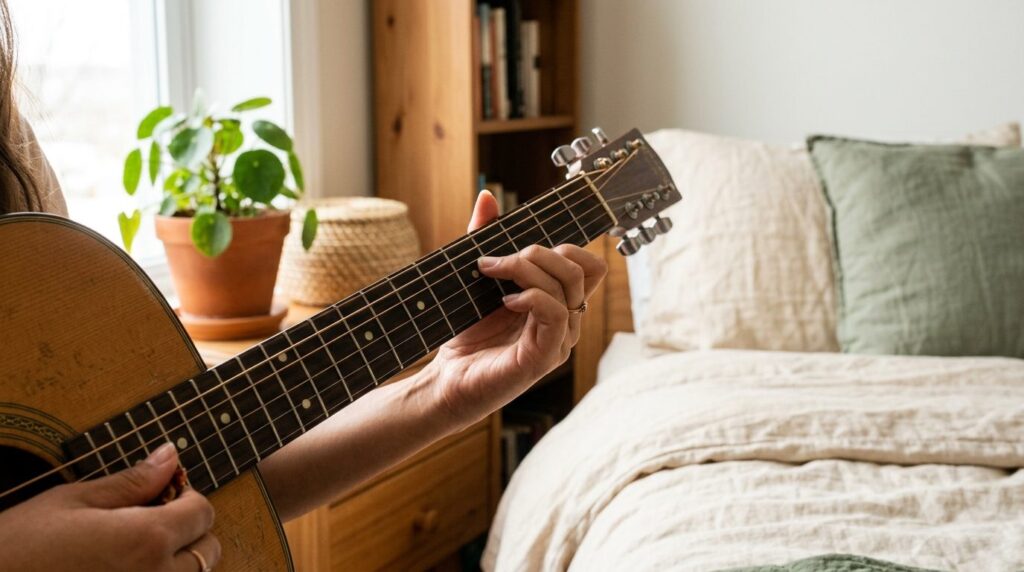 Close-up shot of hands playing four basic guitar chords on a