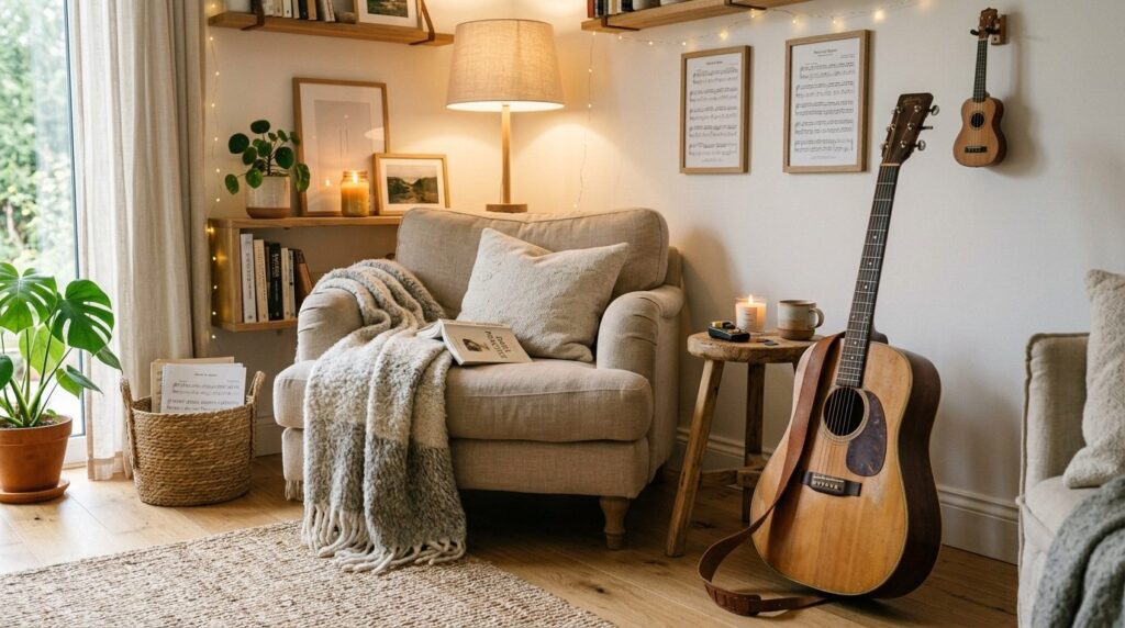 Inviting home music corner: an acoustic guitar leaning again