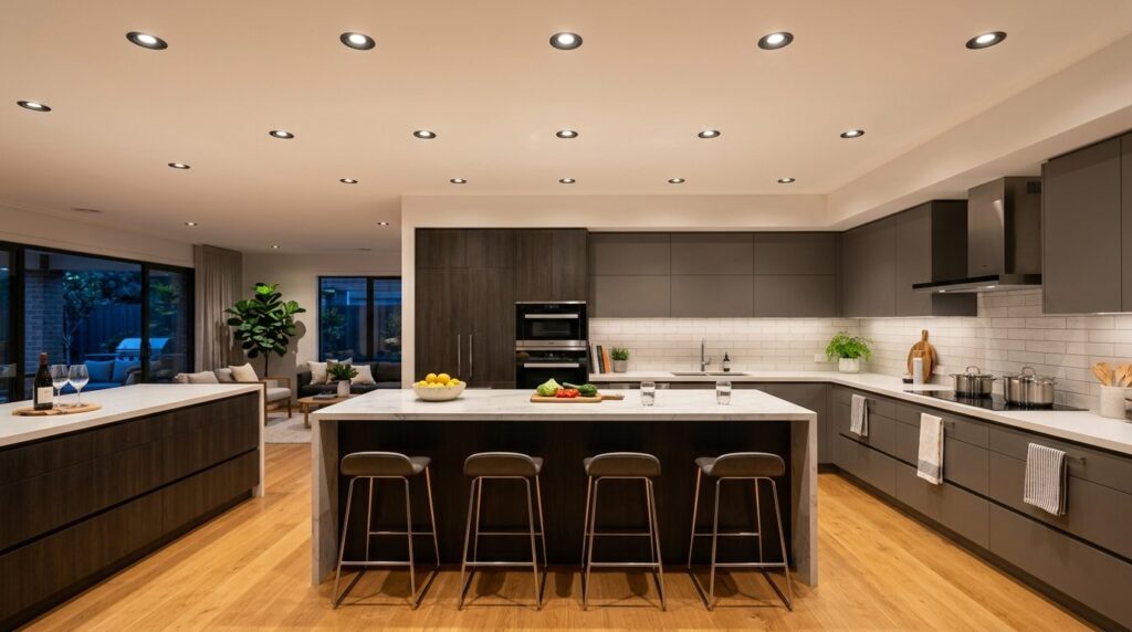 Modern kitchen interior with perfectly installed recessed LE