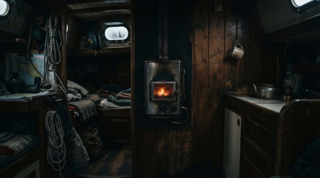 Wide shot of a malfunctioning diesel heater in a Scandinavia