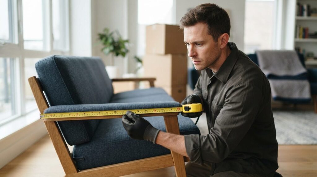 Close-up of a professional moving company worker measuring f