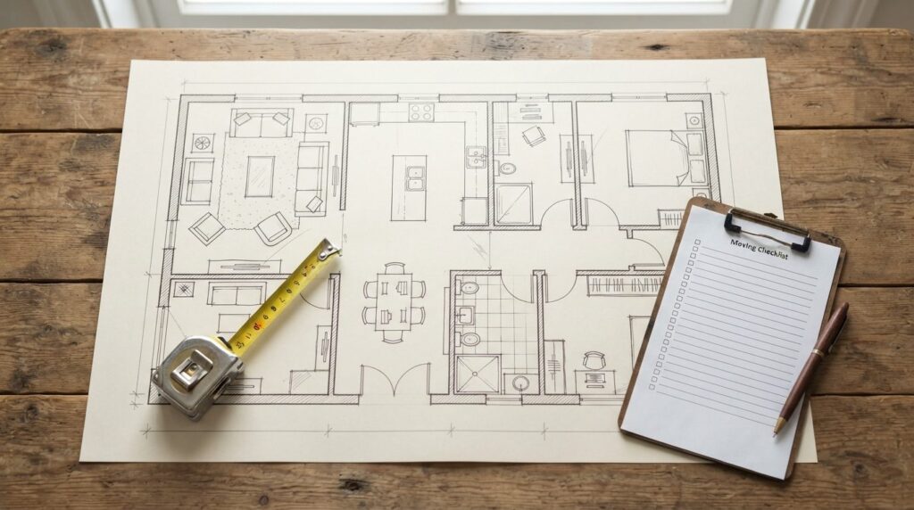 Overhead view of a residential floor plan layout with furnit