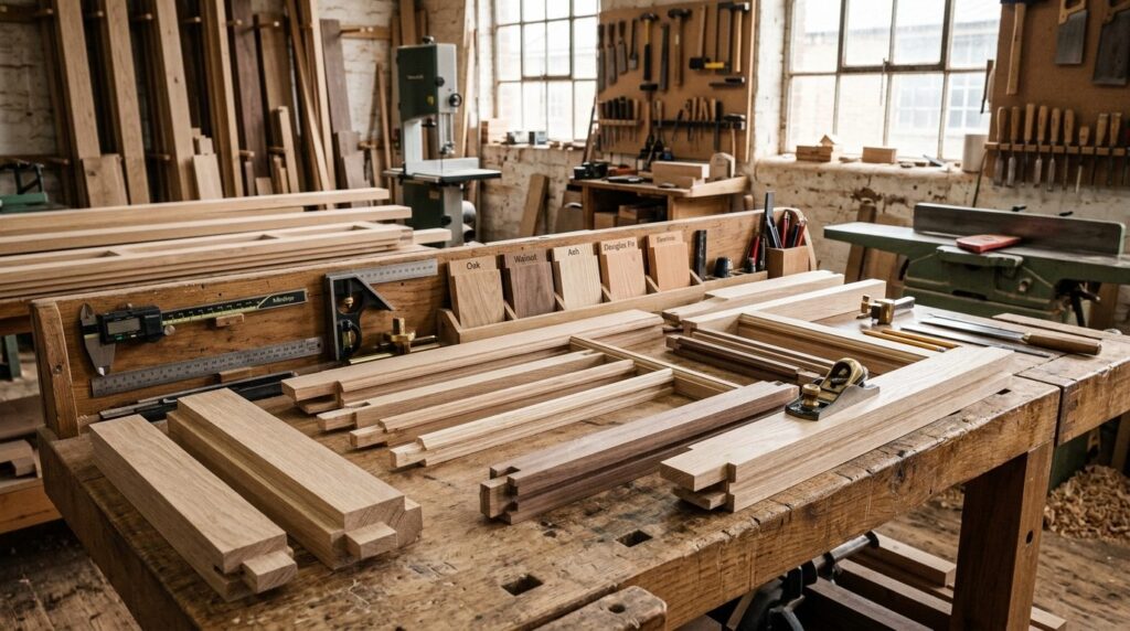 Photorealistic image of a craftsmans workshop workbench wit