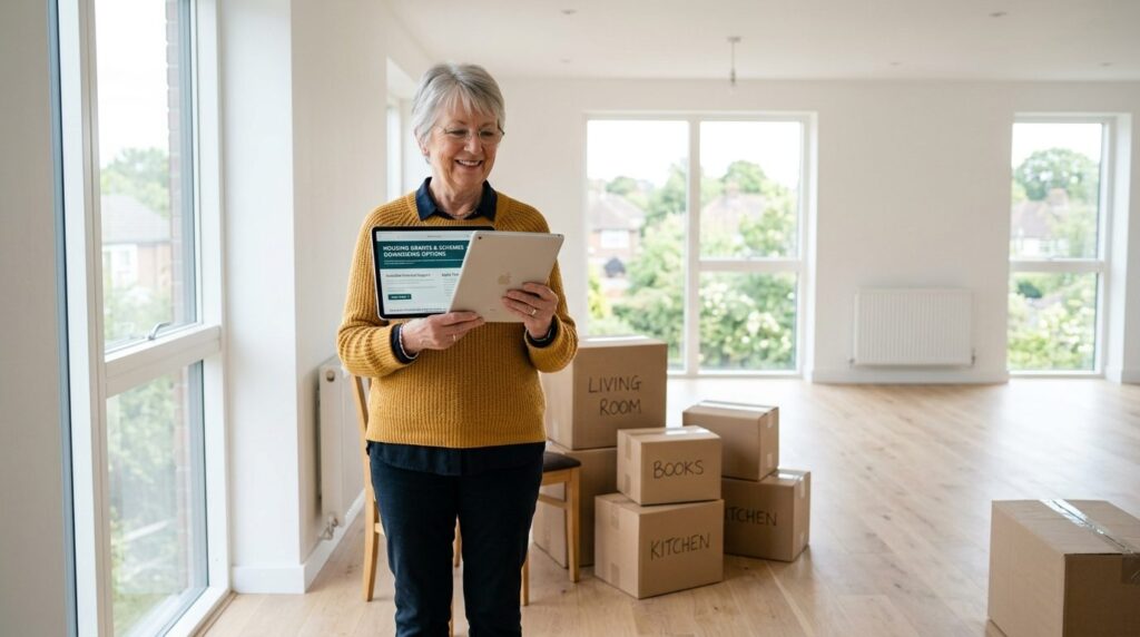 Stock photo of a female pensioner standing in an empty brigh