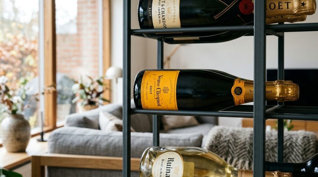 Close-up detail shot of champagne bottles lying horizontally