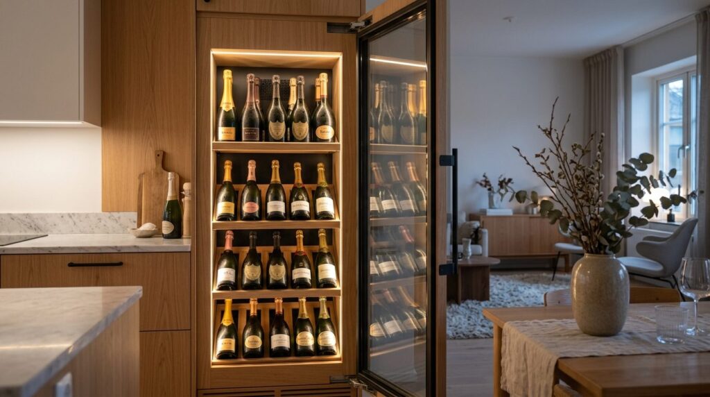Elegant interior photography of a built-in wine cooler cabin
