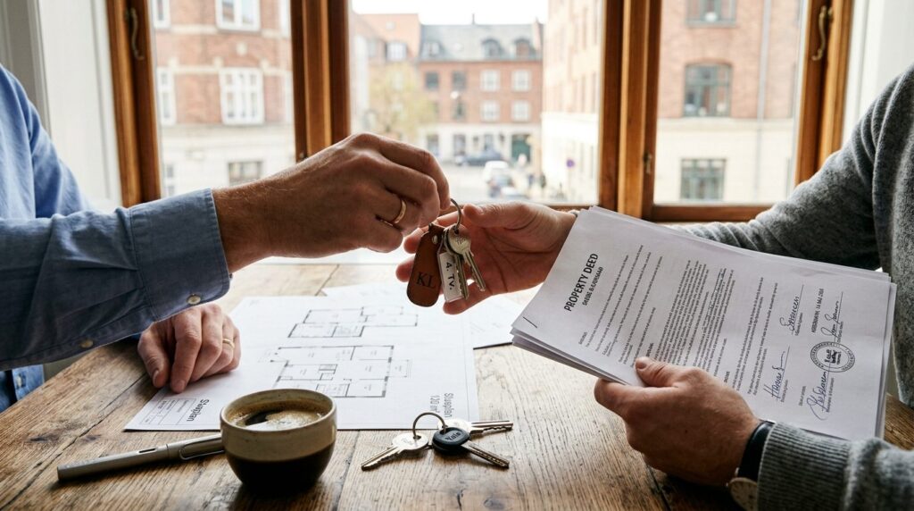 Close-up of hands holding house keys and property deed docum