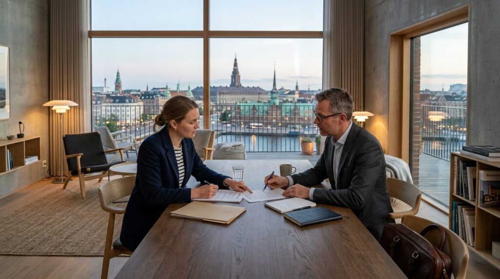 Female real estate buyer meeting with male legal advisor in 