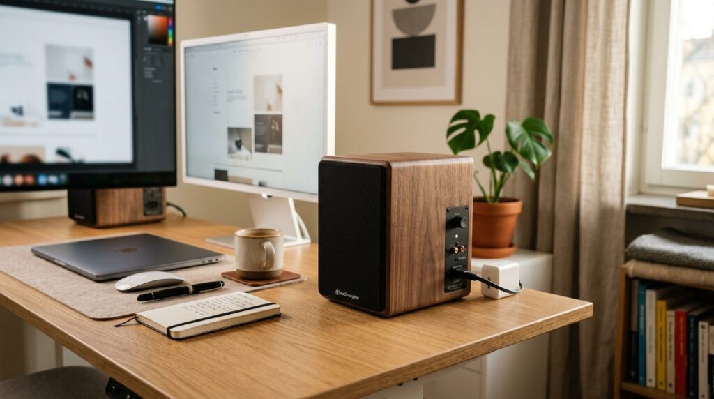 Close-up detail of premium active speaker on compact home of