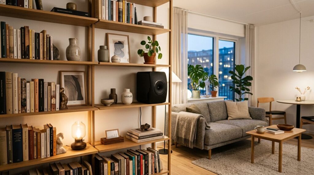 Multifunctional studio apartment interior with active speake