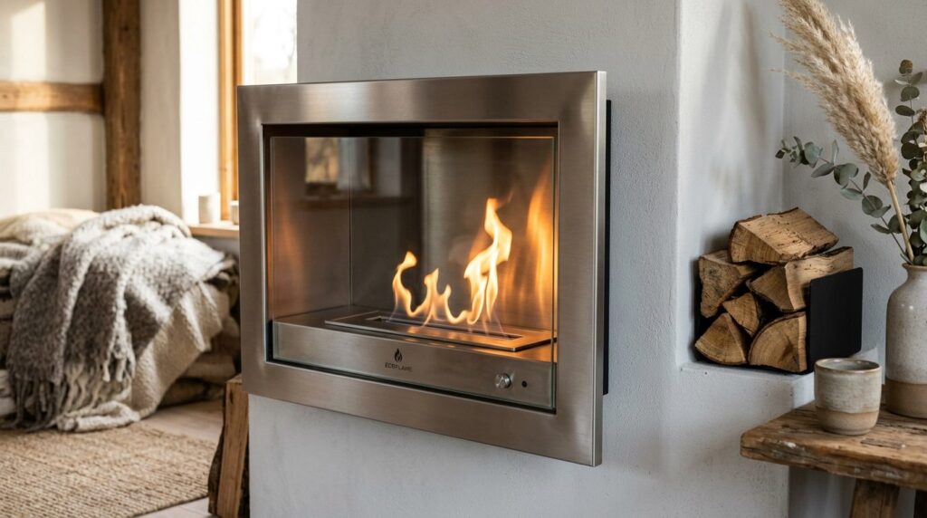 Close-up detail of a contemporary bioethanol fireplace with 