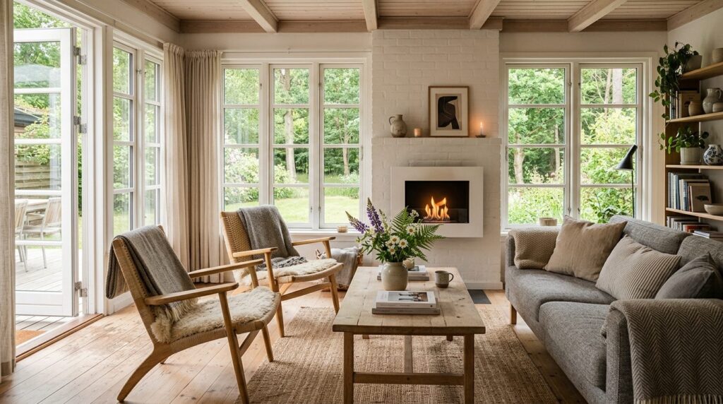 Danish summer house living room scene showing a wall-mounted