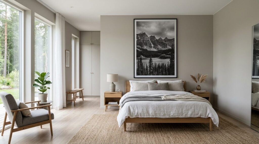 Wide-angle interior photography of spacious Nordic bedroom f