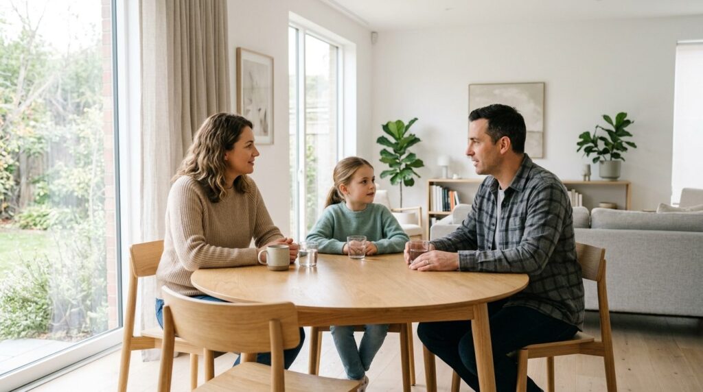 Realistic photograph of two parents and a child sitting at a