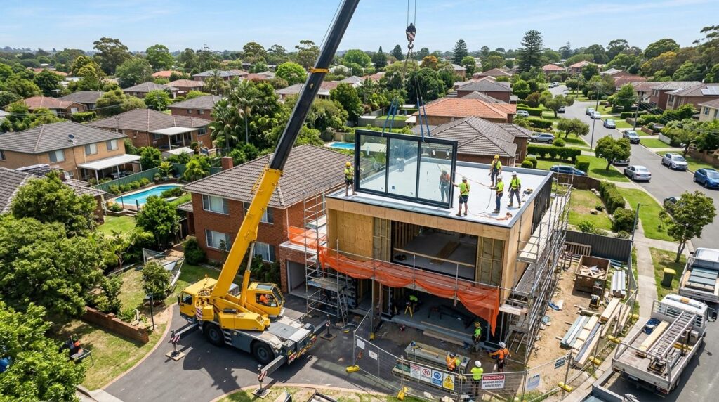 Aerial view of residential renovation project with mobile cr