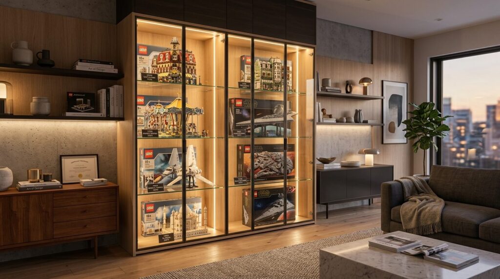 Affluent collectors room display featuring rare LEGO sets i