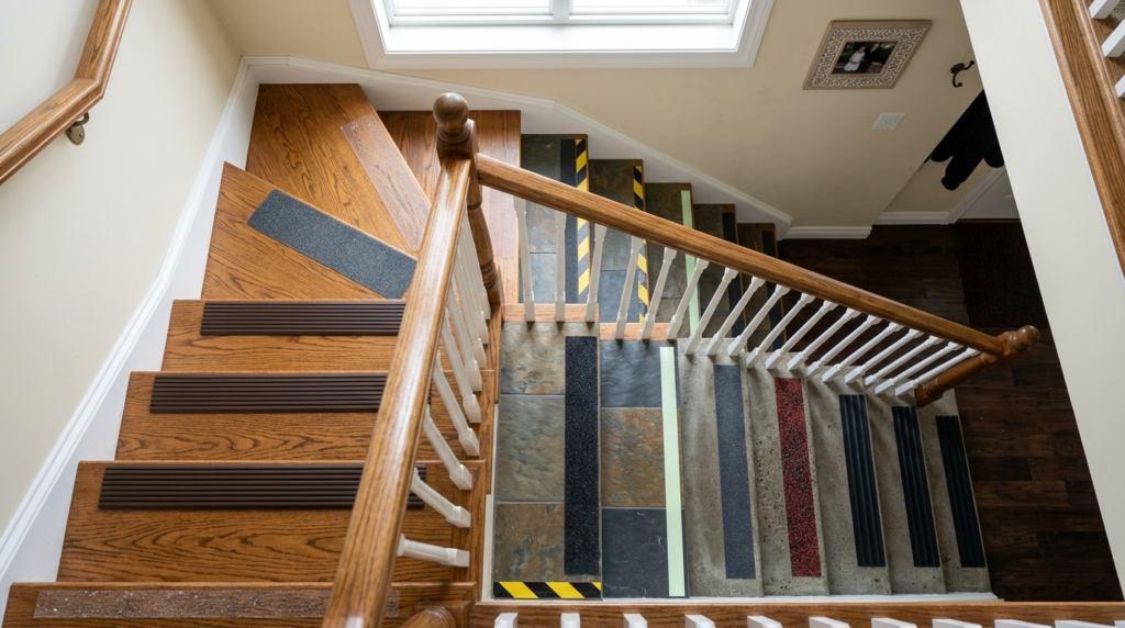 Overhead view of a residential stairwell showing various ant