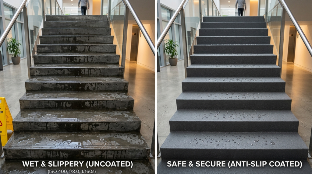 Split-screen comparison photograph showing wet and dry stair
