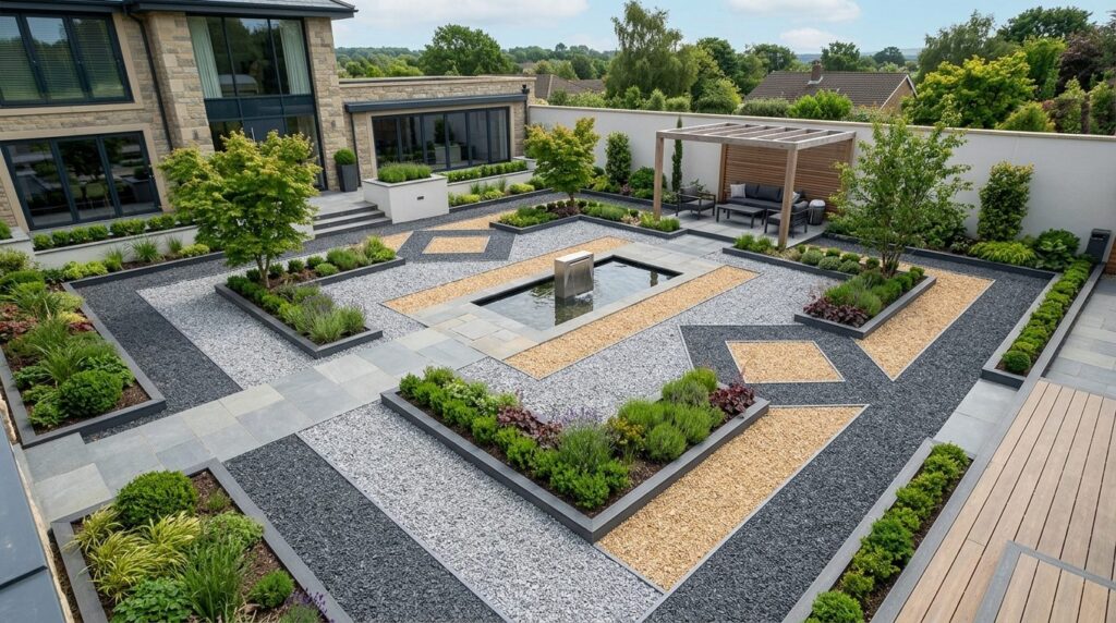 Aerial view of a well-maintained garden courtyard with profe