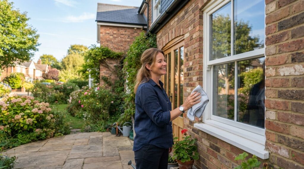 Happy homeowner inspecting freshly cleaned windows on their 