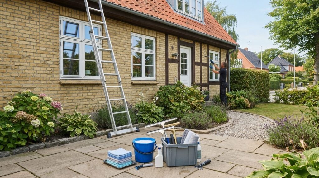 Window cleaning equipment and supplies neatly arranged outdo