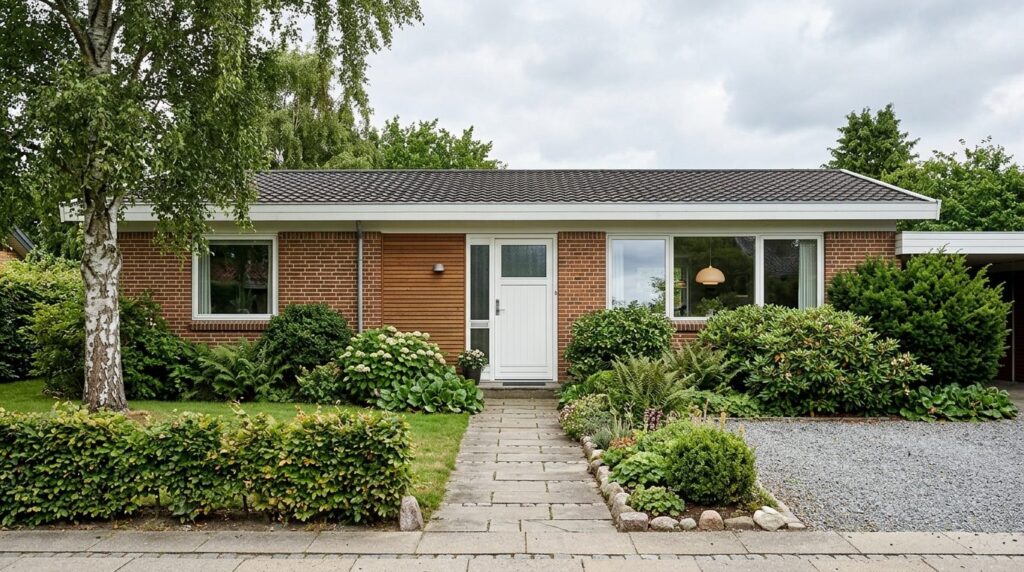 Wide-angle exterior view of a mid-century Danish residential