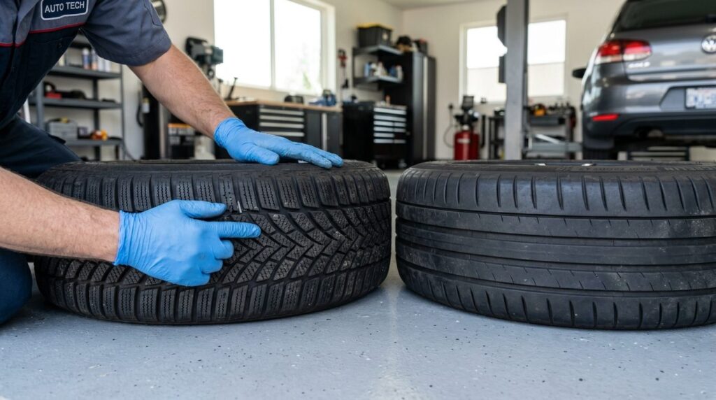 Close-up of winter tire tread pattern being inspected next t