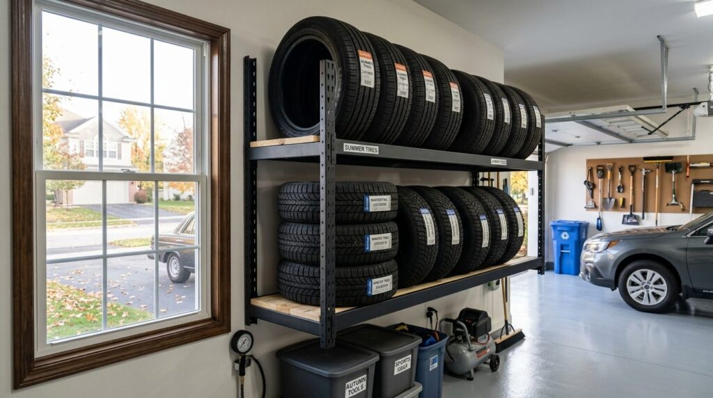 Seasonal tire storage organization in a clean residential ga