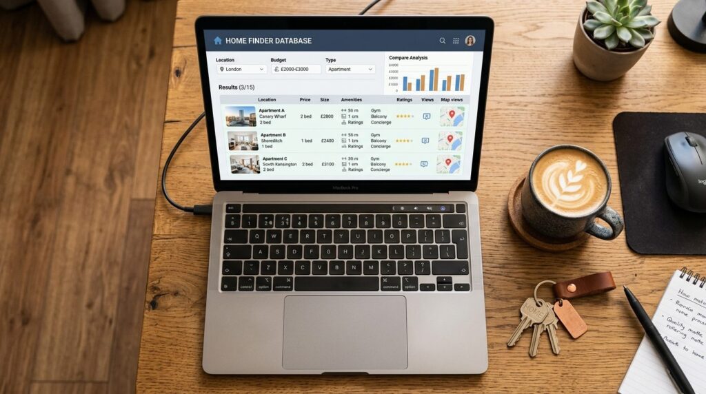 Overhead flat lay of housing database search on laptop scree