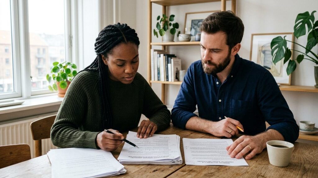 Close-up of diverse couple reviewing cooperative housing doc