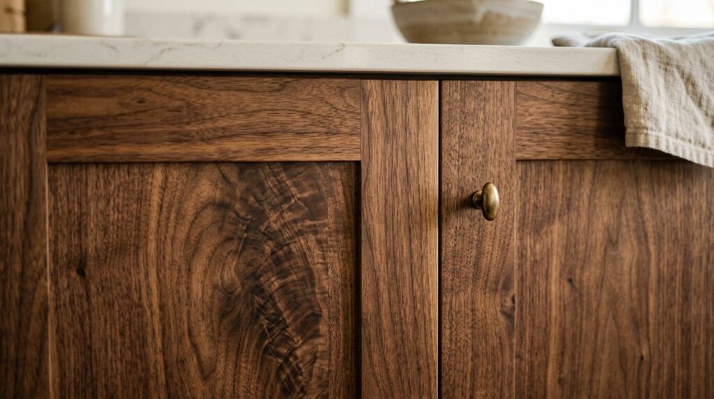 Close-up detail shot of fine crafted solid wood kitchen cabi