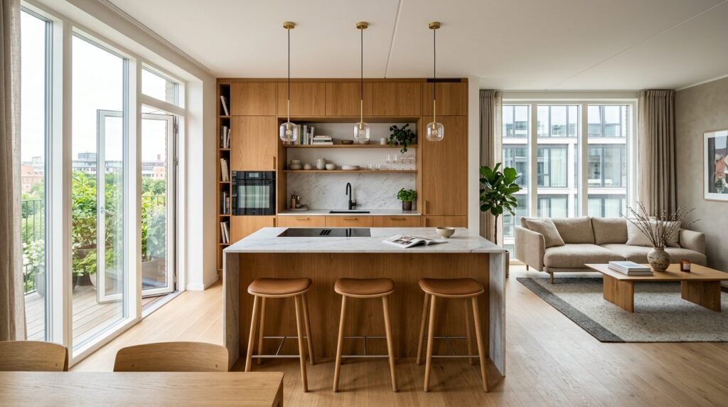 Real estate interior photograph of an open-plan kitchen and 