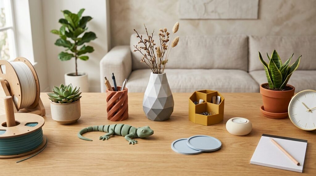 Flat lay photography of a 3D-printed home decor items made f