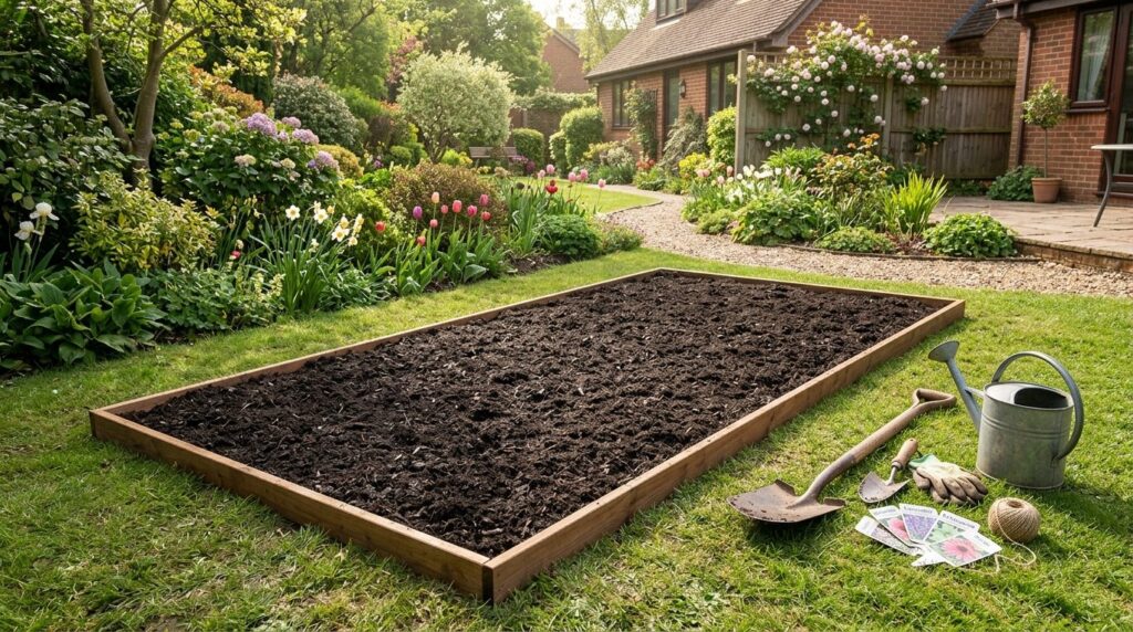Nyberedt havbed fyldt med mørk, løs jord klar til plantning.
