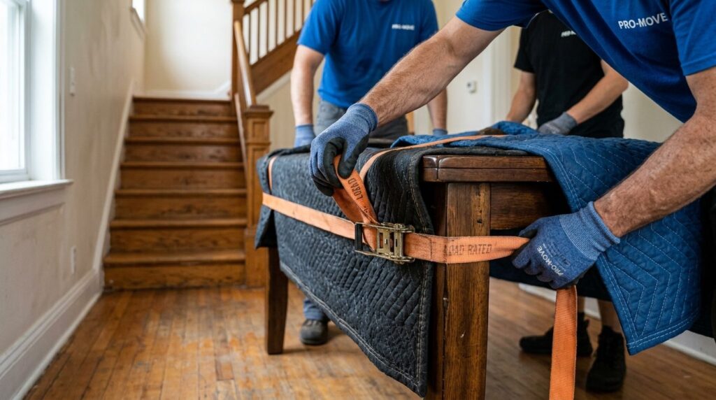 Close-up of professional movers hands securing a wooden din