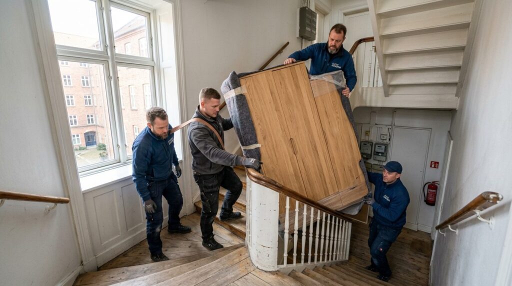 Wide shot of experienced moving team navigating a modern war