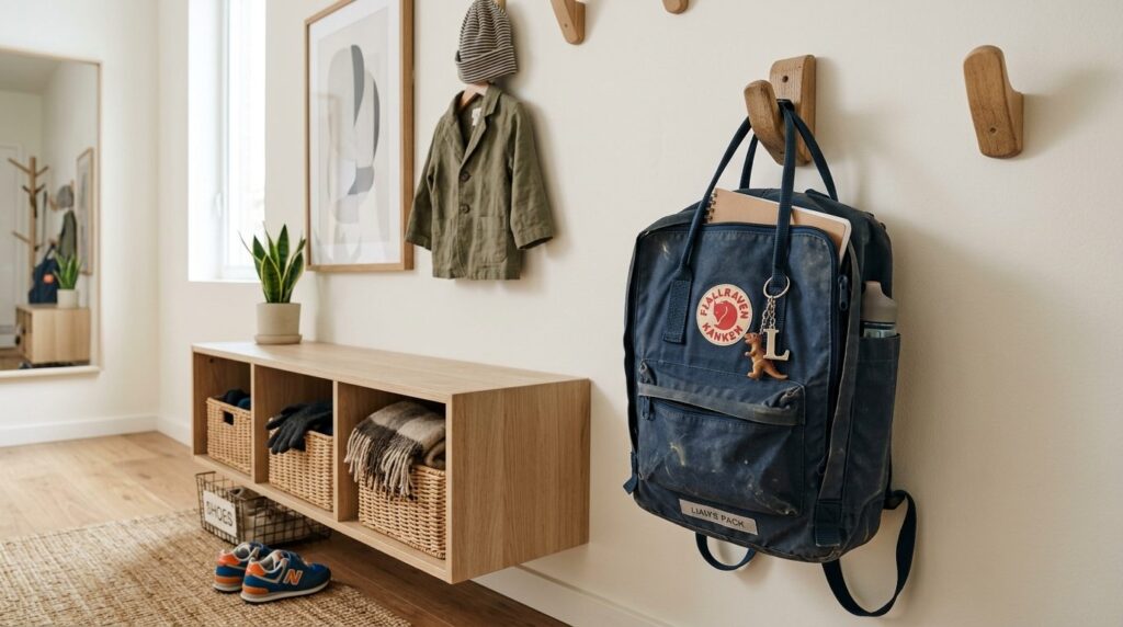 Close-up detail shot of a childs school backpack hanging on