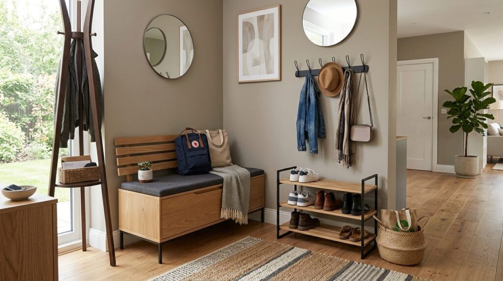 Wide angle view of an organized entryway corner in a stylish