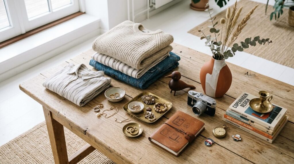Pænt arrangeret samling af lopemarkedsfund fotograferet ovenfra.