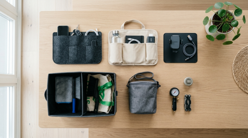 Flat lay overhead shot of budget-friendly car accessories ar