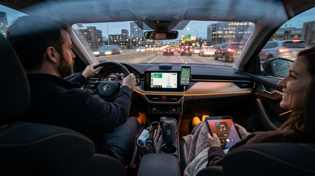 Interior view of a contemporary car cabin during evening com