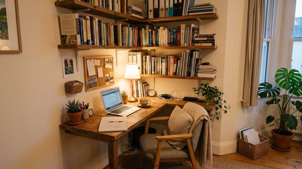 Wide angle photograph of a cozy, compact home study nook in 