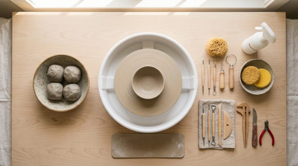 Overhead flat lay of essential beginner ceramic wheel equipm