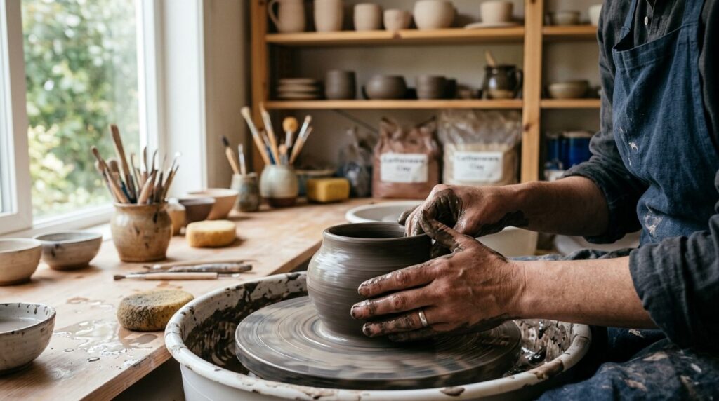 Close-up of hands shaping wet clay on a ceramic wheel in a h